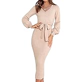 HAEOF Womens 2026 Puff Long Sleeve Fall Winter Sweater Dress Trendy Ribbed Knit V Neck Business Work Midi Bodycon Dresses