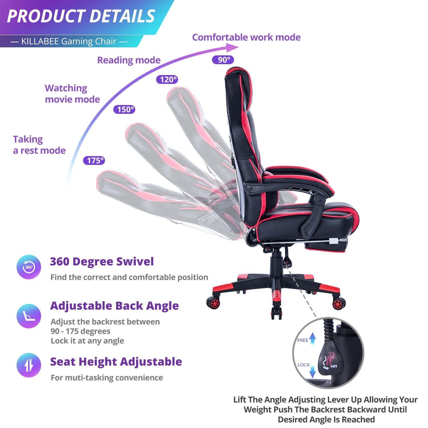 VON RACER Massage Reclining Gaming Chair Ergonomic HighBack Racing