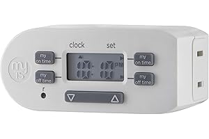 myTouchSmart Indoor Digital Plug-in Timer, 2 Pack, 1 Outlet Polarized, 4 Programmable On/Off Buttons, Space Saving Bar Design, for Lamps, Seasonal Lighting, and Other Small Appliances, 26745, White