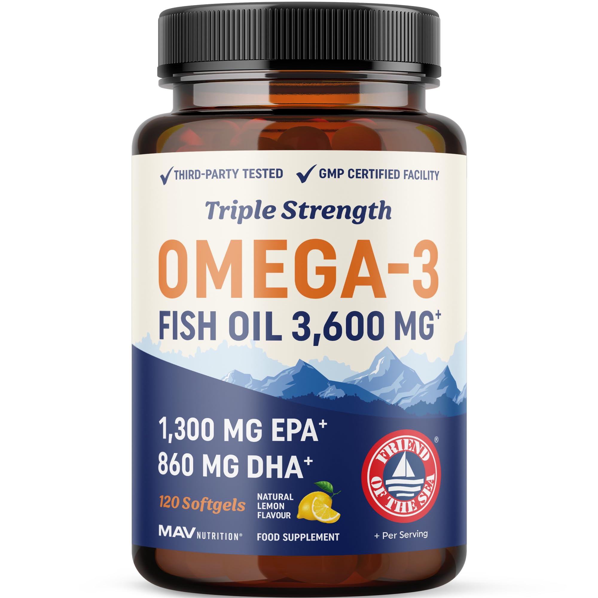 Triple Strength Omega 3 Fish Oil 3600 mg | EPA & DHA | Over 2100mg Omega-3 Fatty Acids | 1300mg EPA + 860mg DHA | Best Essential Fatty Acids | Premium Wild Caught & Burpless Fish Oil | 120 Ct
