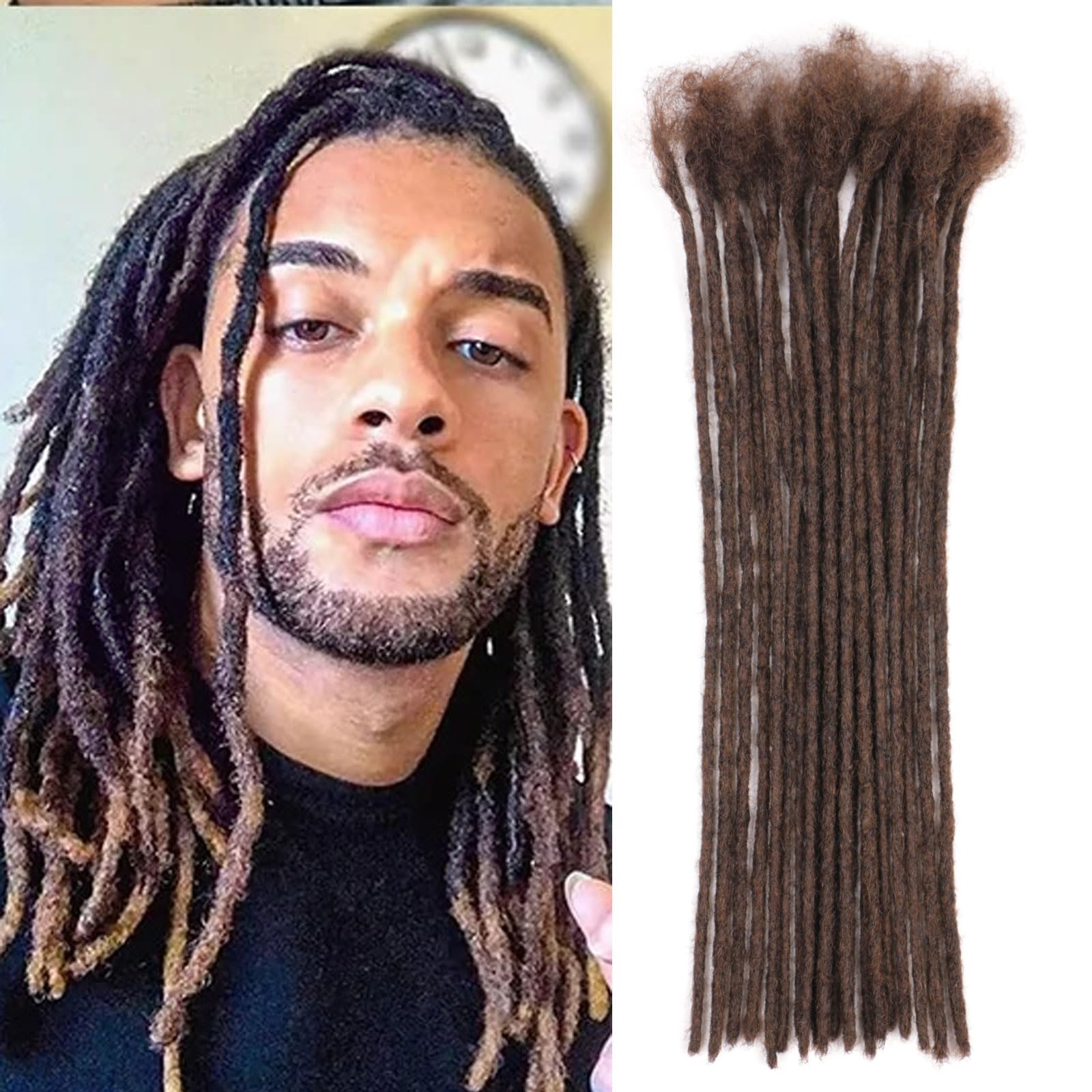 Huarisi 12 Inch Brown Dreadlock Extensions Human Hair 0.2cm Thin Loc Extensions Real Human Hair for Men Women 20 Strands Full Handmade Permanent Dreadlock Extensions Color 4 Can be Curled