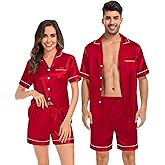 SWOMOG Couples Matching Pajamas Set Satin Short Sleeve Button Down Tops Silk Shorts Pj Lounge Set Soft Sleepwear