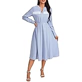 Vrtige Women's Stripe Long Sleeve Button V Neck Pleated Waisted A Line Midi Shirt Dress