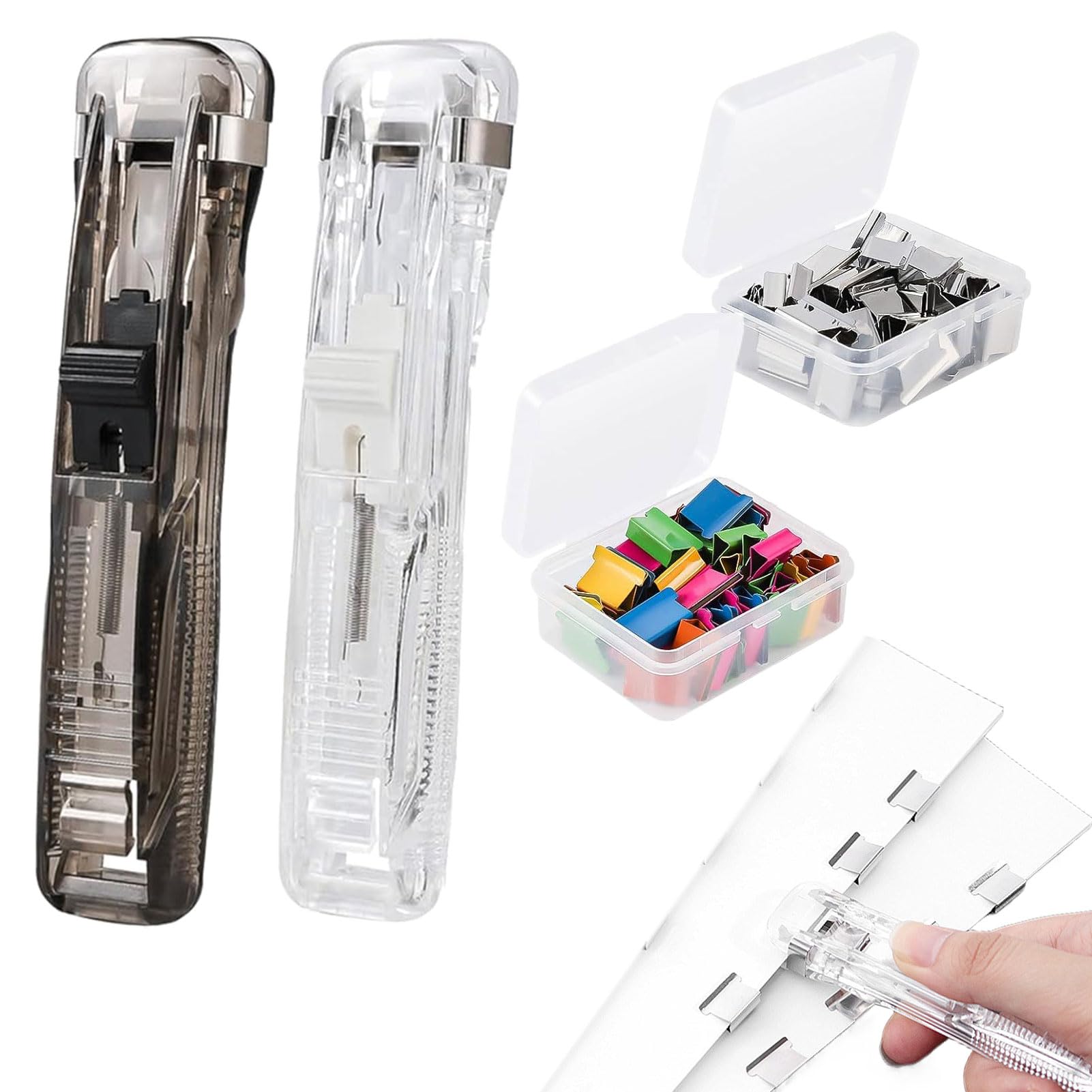 102PCS Plastic Paper Clam Dispenser,2 Pcs Handheld Clam Clip Dispensers with 100 Portable Mixed Color Metal Refill Replacement Clips,Reusable Lightweight for School Office Home Foldback Clips