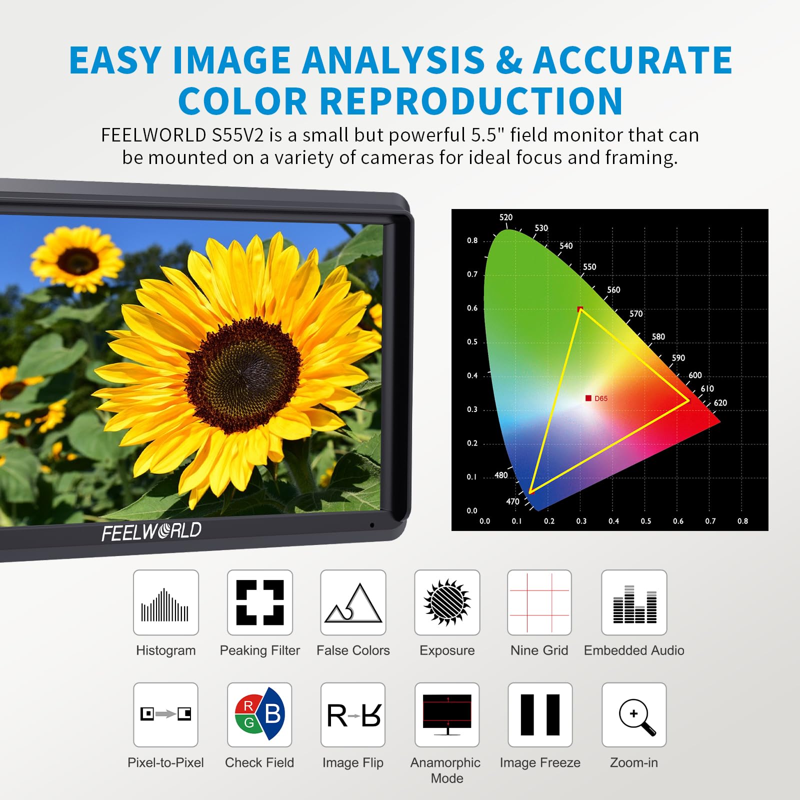 FEELWORLD S55 V3 6 inch Camera DSLR Field Monitor with F550 Battry 2200mAh and Case, Small Full HD 1920x1080 IPS LUT Video Peaking Focus Assist with 4K HDMI 8.4V DC Input Output Include Tilt Arm