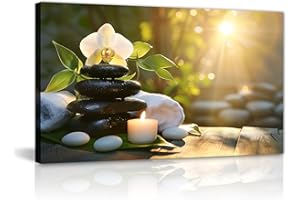 Zen Canvas Wall Art White Orchid Zen Stones Pictures Calming Spa Still Life Painting Relaxing Zen Decor for Living Room Bedro