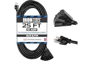 IRON FORGE CABLE 3 OutletOutdoor Extension Cord 25 ft, 16/3 SJTW Black Extension Cord with Multiple Outlets 3 Prong, 13 Amp Exterior Power Cable for Outdoor Lights, Lawn & Landscaping