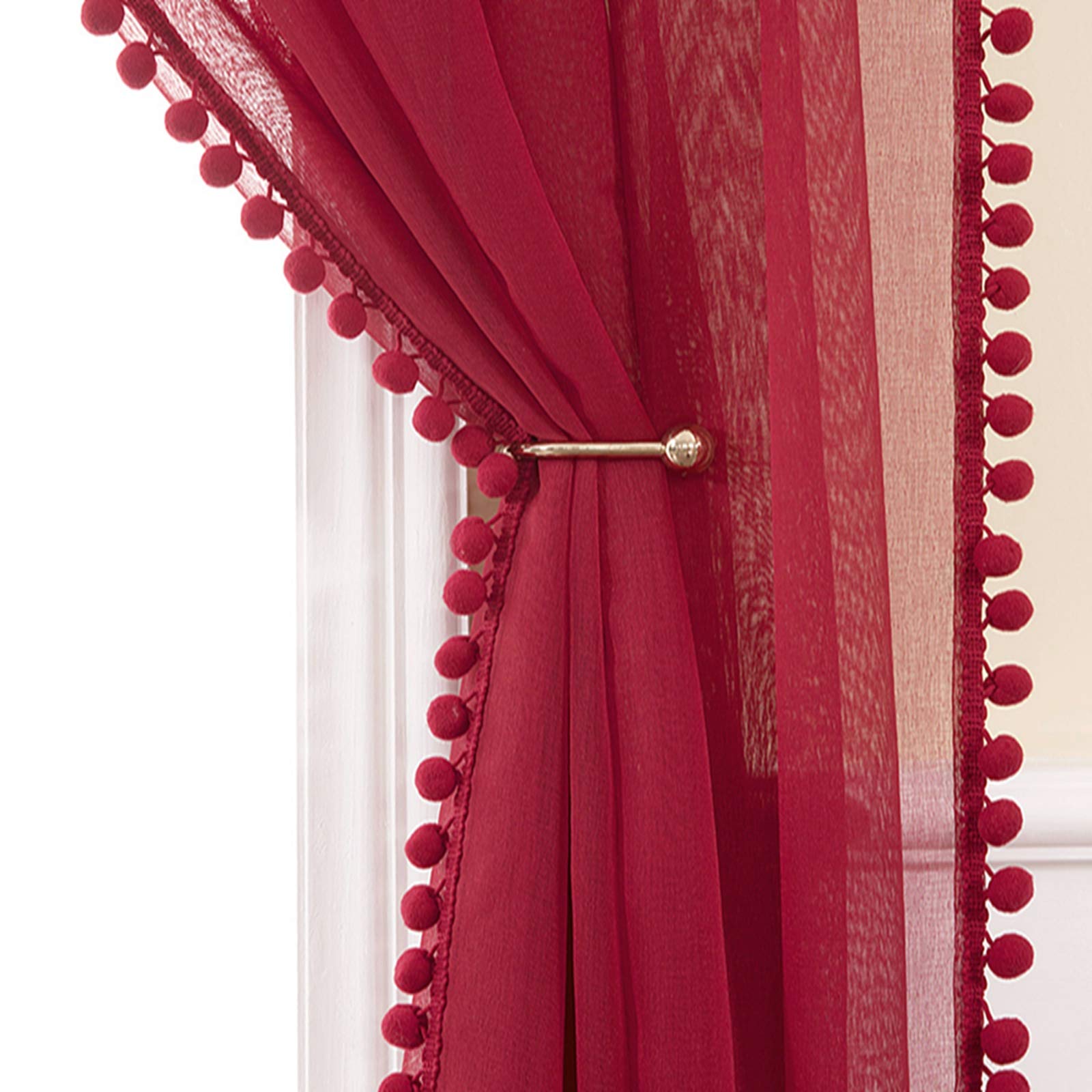 MIULEE Sheer Curtains with Pom Poms-Burgundy Voile Curtains for Bedroom Living Room, Pretty Rod Pocket Pompom Curtains for Kids Bedroom, 2 Panels Net Window Curtains, Each W55 x D88 Inch