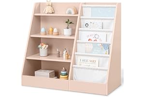Comfy Cubs Kids Bookshelf 35.2 x 15.7 x 31.5 Inches - Sturdy Plywood Montessori Book Shelf with Soft & Hard Shelves for Toys & Books - Child-Friendly, Easy Access Storage Organizer for Kids - Blush