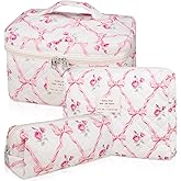 Gosect 3PC Makeup Bag Set, Quilted Makeup Bag, Large Floral Cosmetic Bag for Women, Cute Cotton Makeup Bags, Flower Travel Toiletry Organizer Bag (Pink Flower)