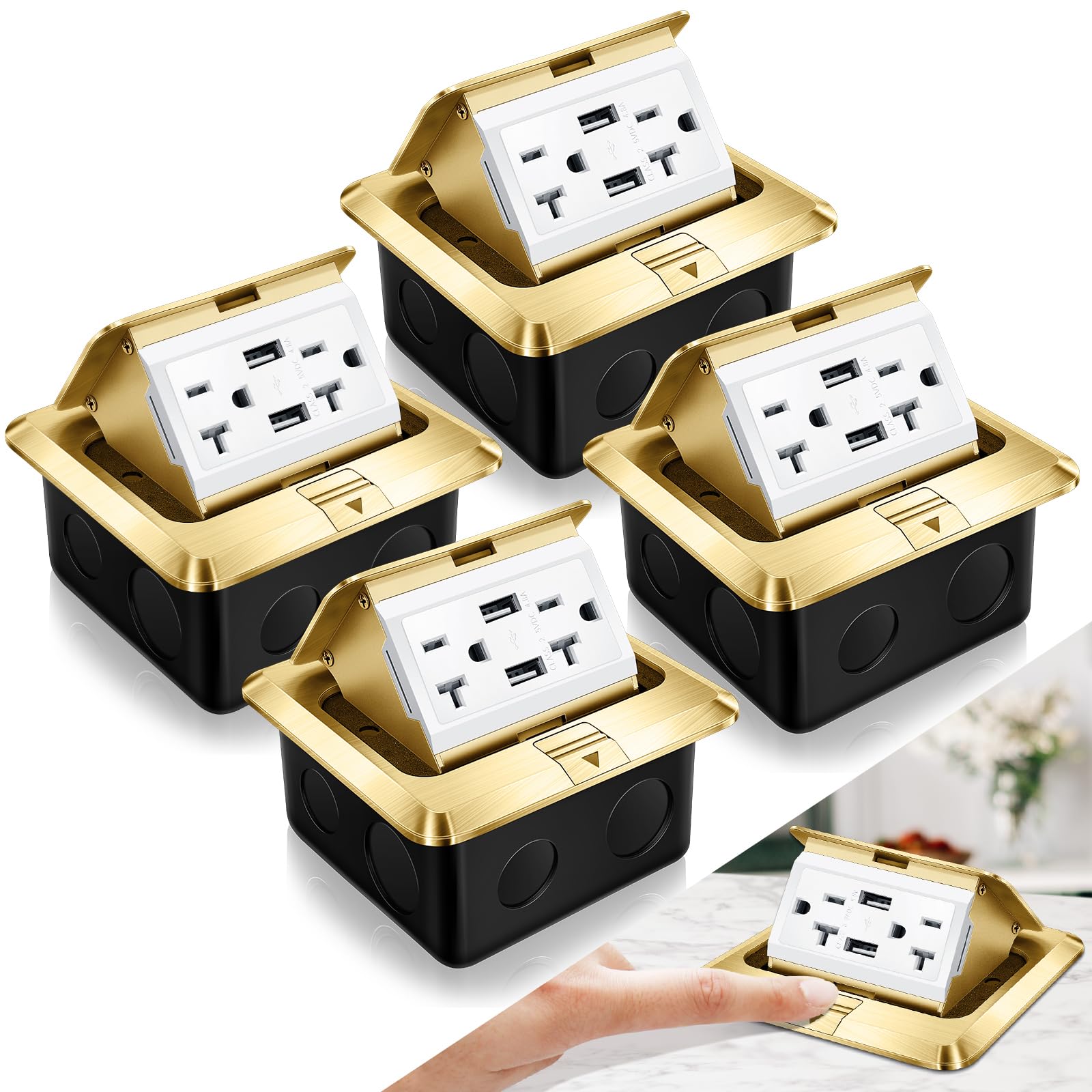 Photo 1 of Hoolerry 4 Pack Pop up Floor Electrical Outlet Cover Box Kit with 4.8A USB Charger 20Amp Waterproof Weatherproof Floor Tamper Resistant Outlet Receptacle for Countertop Home (Gold)