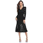 SITELUOYG Women's Lace Long Sleeve Mermaid Dress V Neck Cocktail Wedding Guest Ruffle Formal Dresses