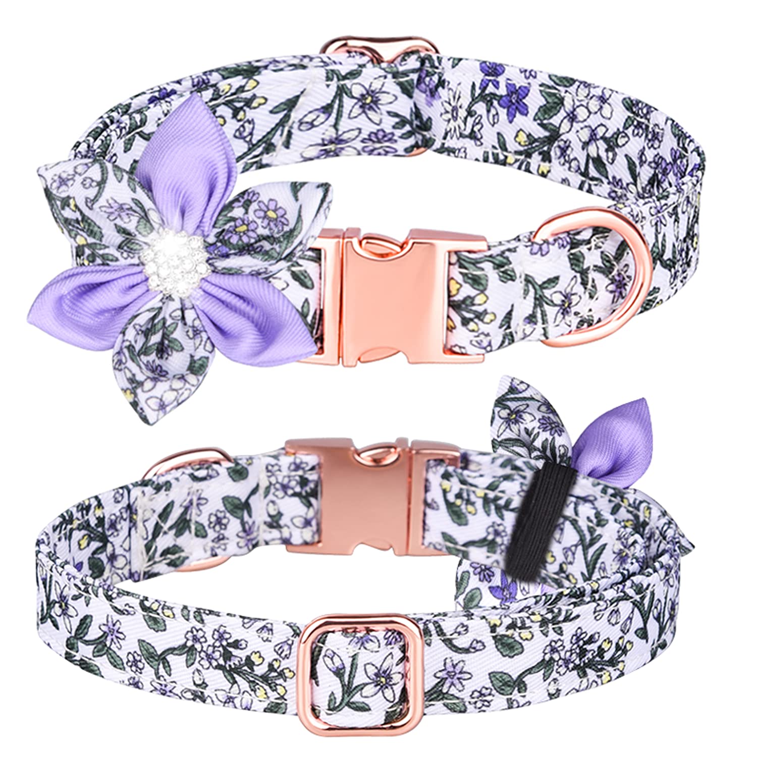 Haoyueer Rhinestone Flower Girl Dog Collar - Floral Pattern Cute Collar with Detachable Rhinestone Flower for Female Dogs (M, Purple/White)