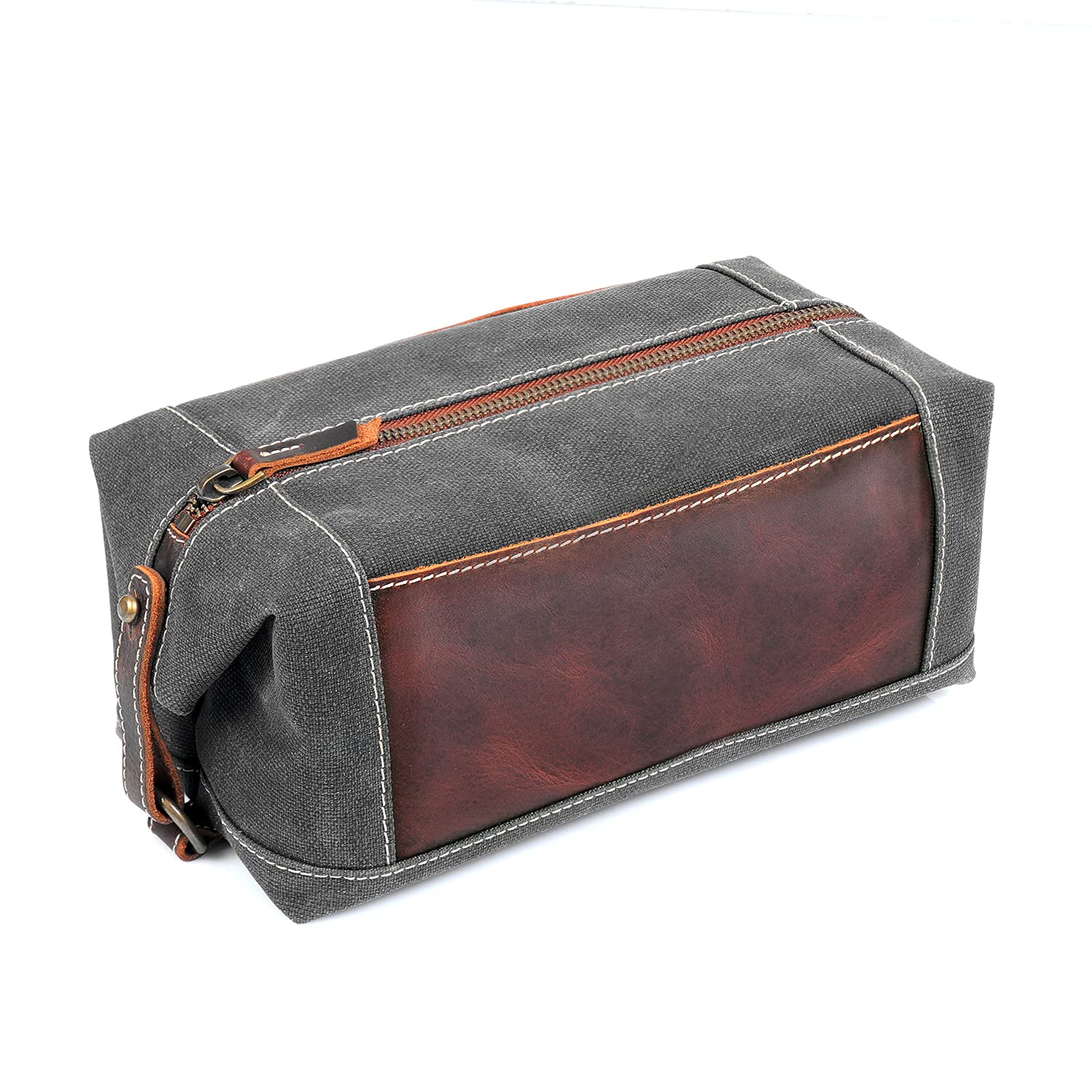 LONDO Toiletry Bag Genuine Leather and Canvas Travel Toiletry Bag Dopp Kit (Dark Brown)