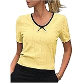 SOLY HUX Women's Ribbed Sweater Bow Crew Neck Short Sleeve Knit Pullover Fall Casual Going Out Tops