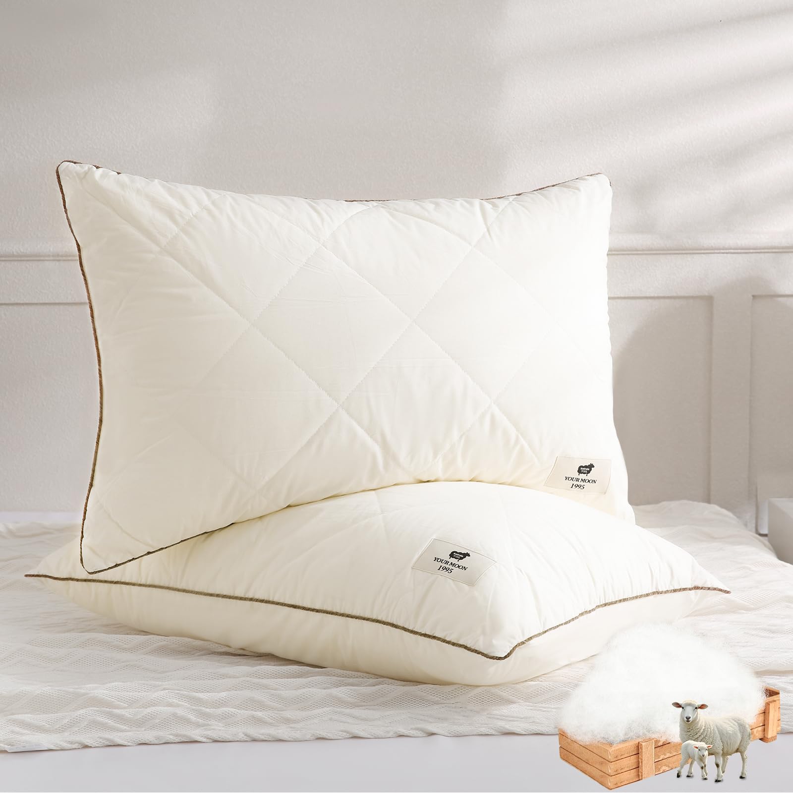 Photo 1 of YOUR MOON Organic Wool Pillow Queen Size Set of 2, Soft Support Bed Pillows for Sleeping, Luxury Down Alternative Pillow for Side & Back Sleepers, 100% Cotton Cover, Natural Wool Filling (Off White)