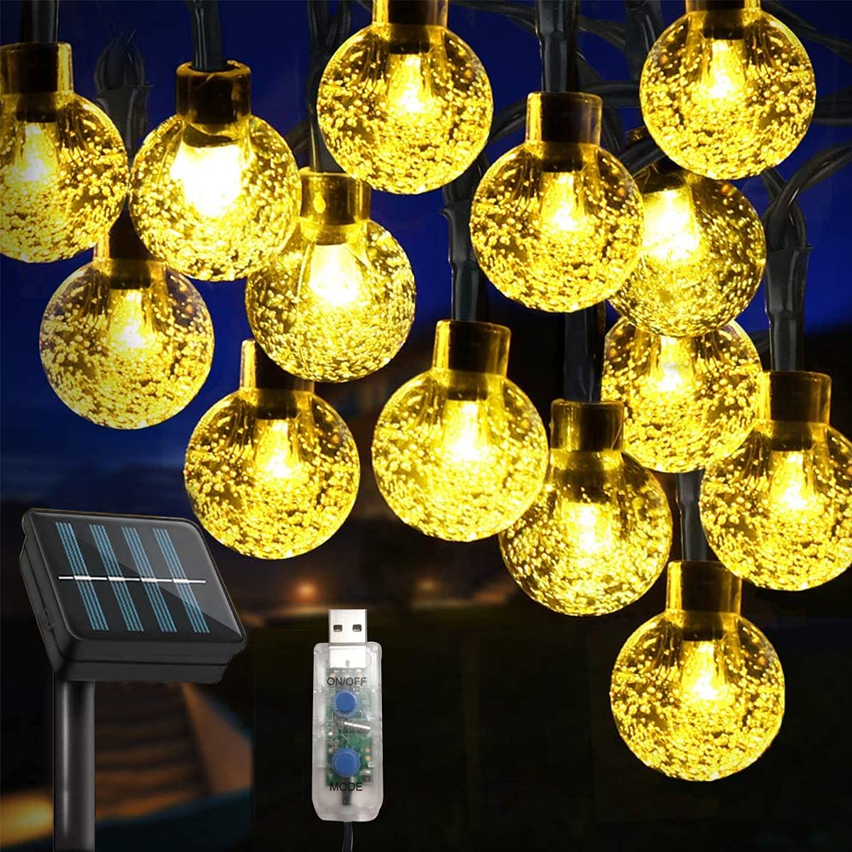 WALCHO Solar Garden Lights Outdoor, 60LED Solar String Lights 10M/33.5 ft, 8 Modes Crystal Ball Solar Fairy Lights, Waterproof, Outdoor/Indoor for Wedding,Party, Christmas (Warm White)