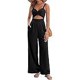 AGERWAY Womens Summer Jumpsuits Dressy Sexy V Neck Twist One Piece Outfits Sleeveless Casual Wide Leg Long Pant Rompers