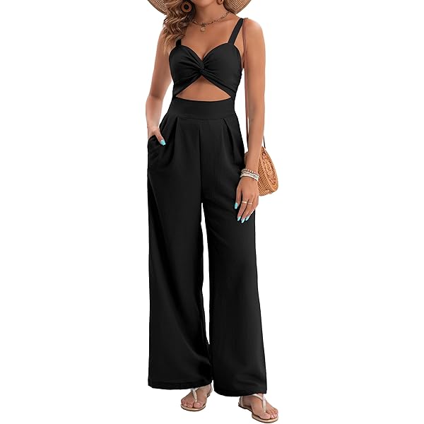 Generic V Neck Jumpsuits For Women Dressy Wedding Guest Plus Size Sleeveless Slip Cutout Romper Wide Leg Long Pants Rompers Elegant