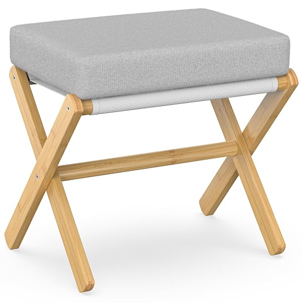 BAMBOOHOMIE FOLDABLE FOOT STOOL OTTOMAN, MODERN FOOT REST WITH BAMBOO X LEGS & THICK FOAM CUSHION, FOLDING FOOT STOOLS SMALL PADDED FOR BEDROOM LIVING ROOM, FOOTSTOOL FOR CHAIR COUCH (NATURAL – GREY)