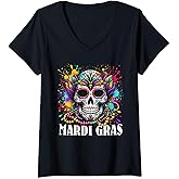 Womens Colorful Sugar Skull Mardi Gras Costume V-Neck T-Shirt