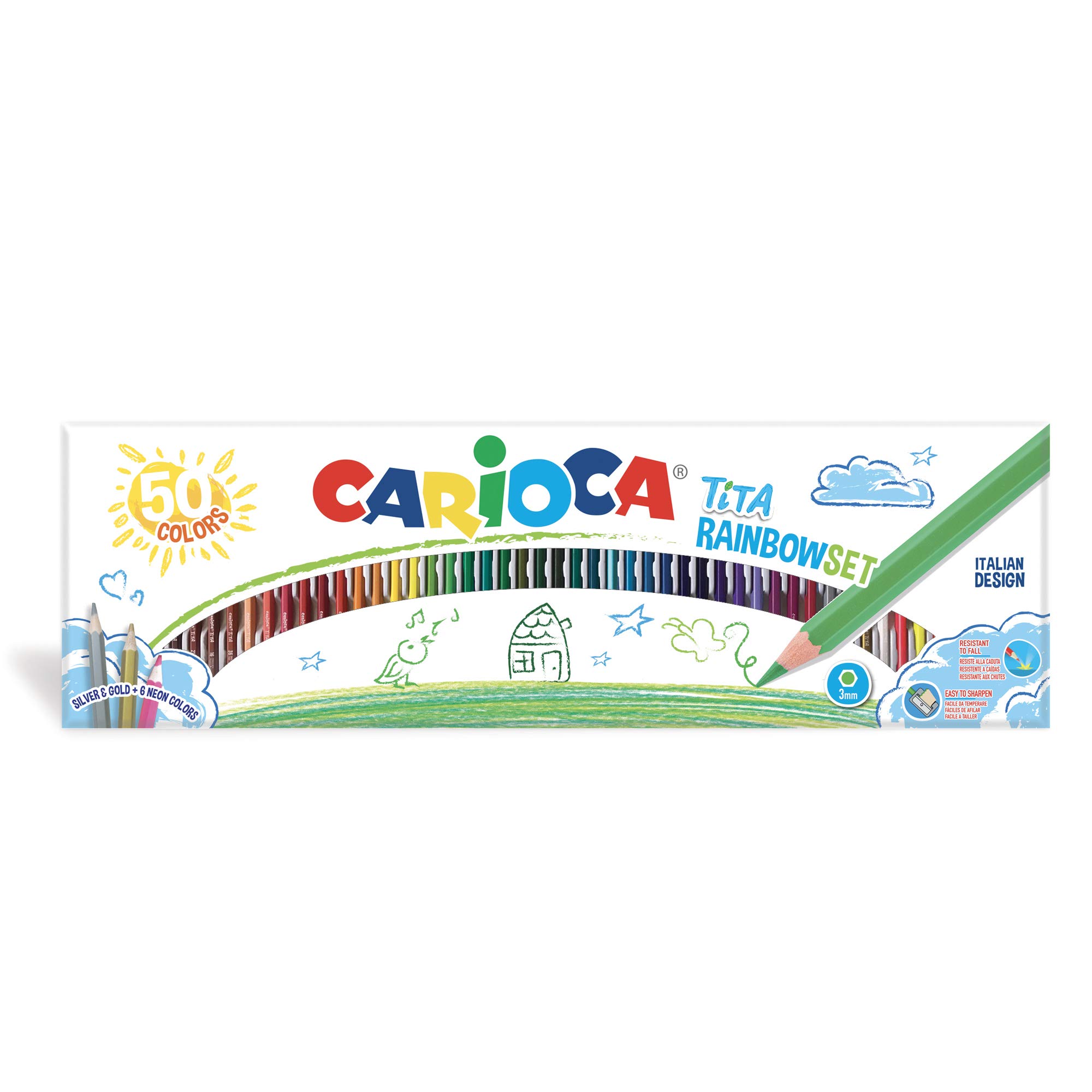 CARIOCA Colour Pencils, Tita Coloured Pencils - Bright and Washable Colours, Extra Strong Lead Ø 3mm, Smooth Writing, Hexagonal Body (Box of 50 Coloured Pencils)