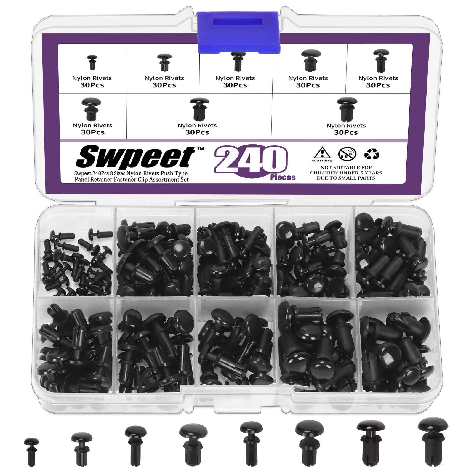 Swpeet 240Pcs 8 Sizes Car Retainer Clips Push Clips Rivet Kit, Nylon Fasteners Push Retainer Kit for Car Interior Accessories, Bumper, Radiator Shield Yoke and Splash Shield Retainers Replacement