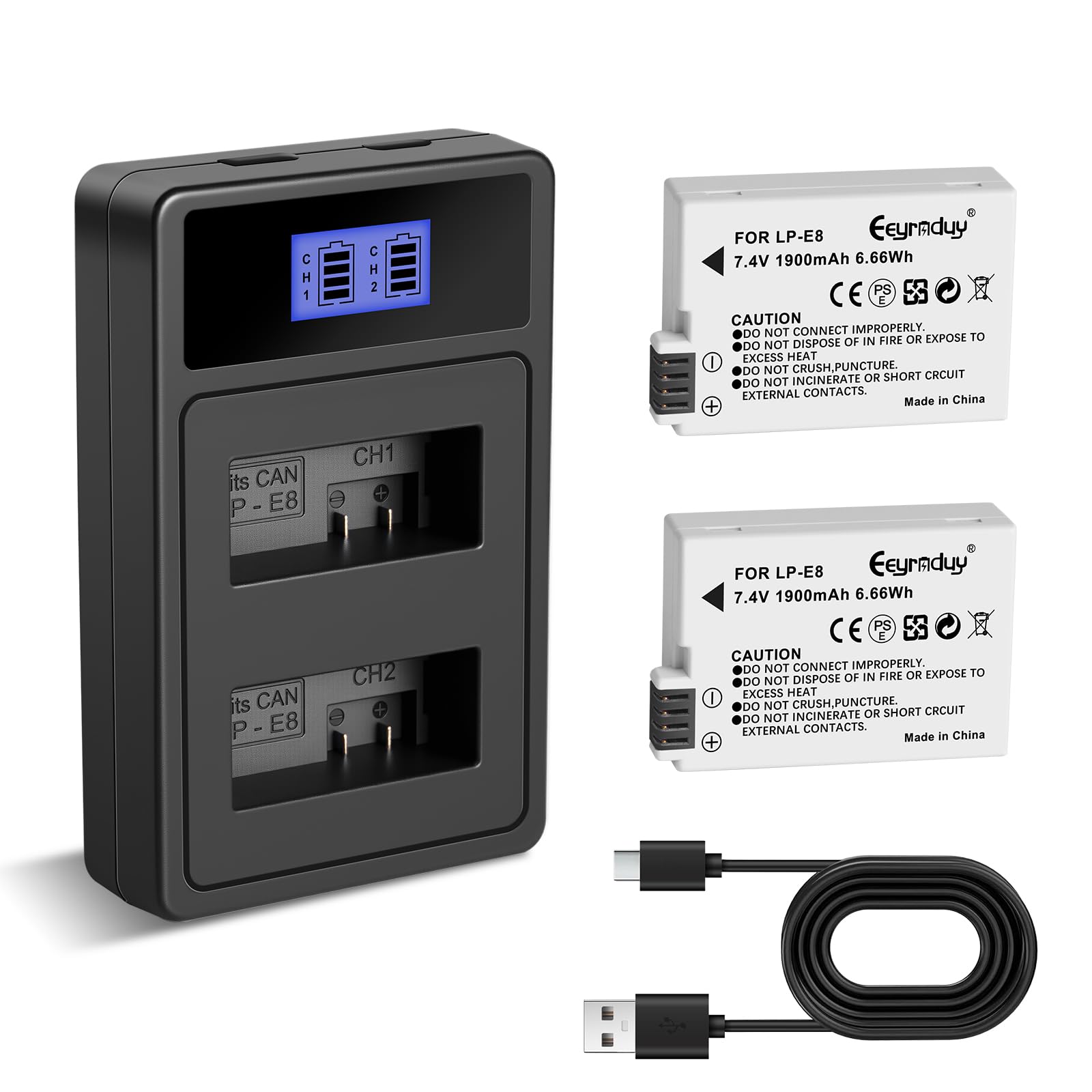 Photo 1 of Eeynduy LP-E8 Batteries 2-Pack and Battery Charger for Canon EOS Rebel T2i, T3i, T4i, T5i, EOS 550D, 600D, 650D, 700D DSLR Digital Cameras (LP-E8)