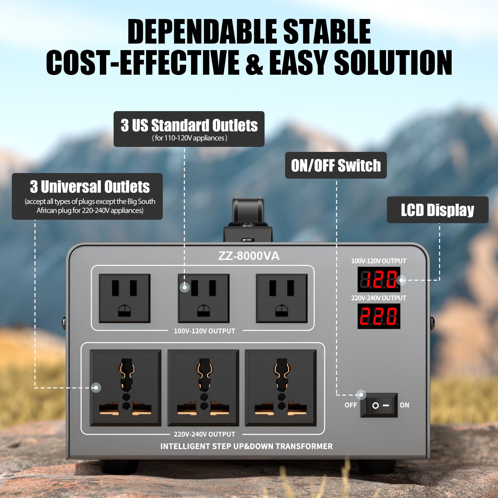 8000W Voltage Auto Converter Transformer, Heavy Duty Step Up/Down Power Converter 110/120/220/240V with 3 US Outlets,3 Universal Outlets,LED Display,w/US Standard Power Cord Circuit Breaker Protection