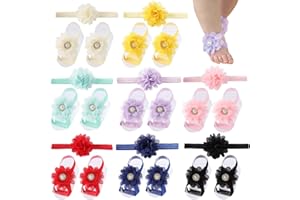 Cinaci 8 Pairs Chiffon Rhinestone Flower Barefoot Sandals with Headbands Accessories for Baby Girls Newborns Infants Toddlers Kids