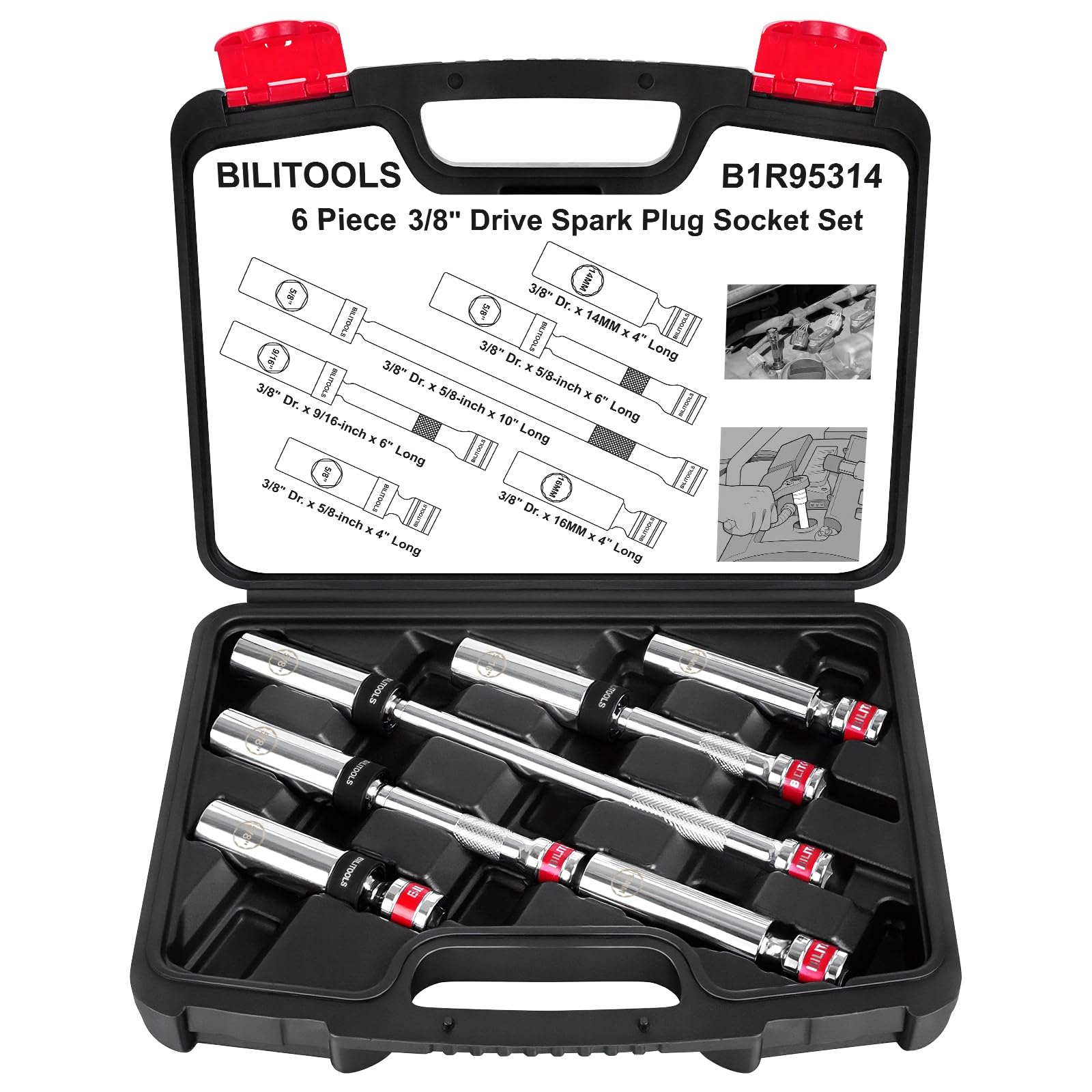 Photo 1 of BILITOOLS 6 Piece 3/8-Inch Drive Magnetic Swivel Spark Plug Socket Set-includes 9/16-Inch, 5/8-Inch, 14mm, 16mm Socket & 3/8-inch Drive with 6-Point and 12-Point, CR-V