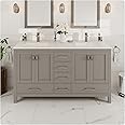 Eviva London 60 Inch Double Vanity Sink - Gray Double Vanity Sinks for Bathrooms, Bathroom Vanity 60 Inch Double Sink W Carrara Quartz Top & Porcelain Sinks, Bathroom Vanities W/Soft-Closing Drawers