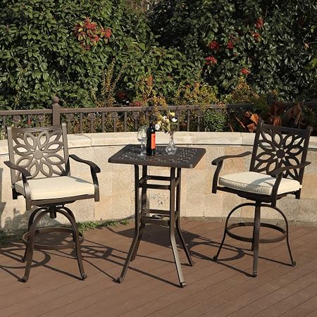 Amazon Com Phi Villa 3 Pc Patio Bar Set 2 Outdoor Swivel Bar Stools With 3 5 Thicken Padded Cushion 1 Square 42 Height Bar Table With 1 96 Umbrella Hole All Cast Aluminum