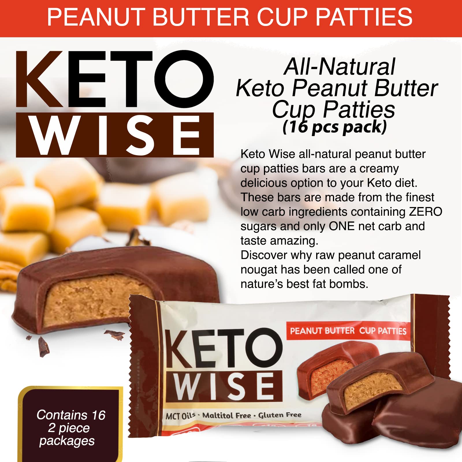 Keto Wise Fat Bombs - Made with Chocolate containing MCT Oil - Low Fat, Low Carb and Keto Friendly Snack - 10g Fat, 1g Net Carbs | Peanut Butter Cup Patties, 16 Count (Pack of 1)