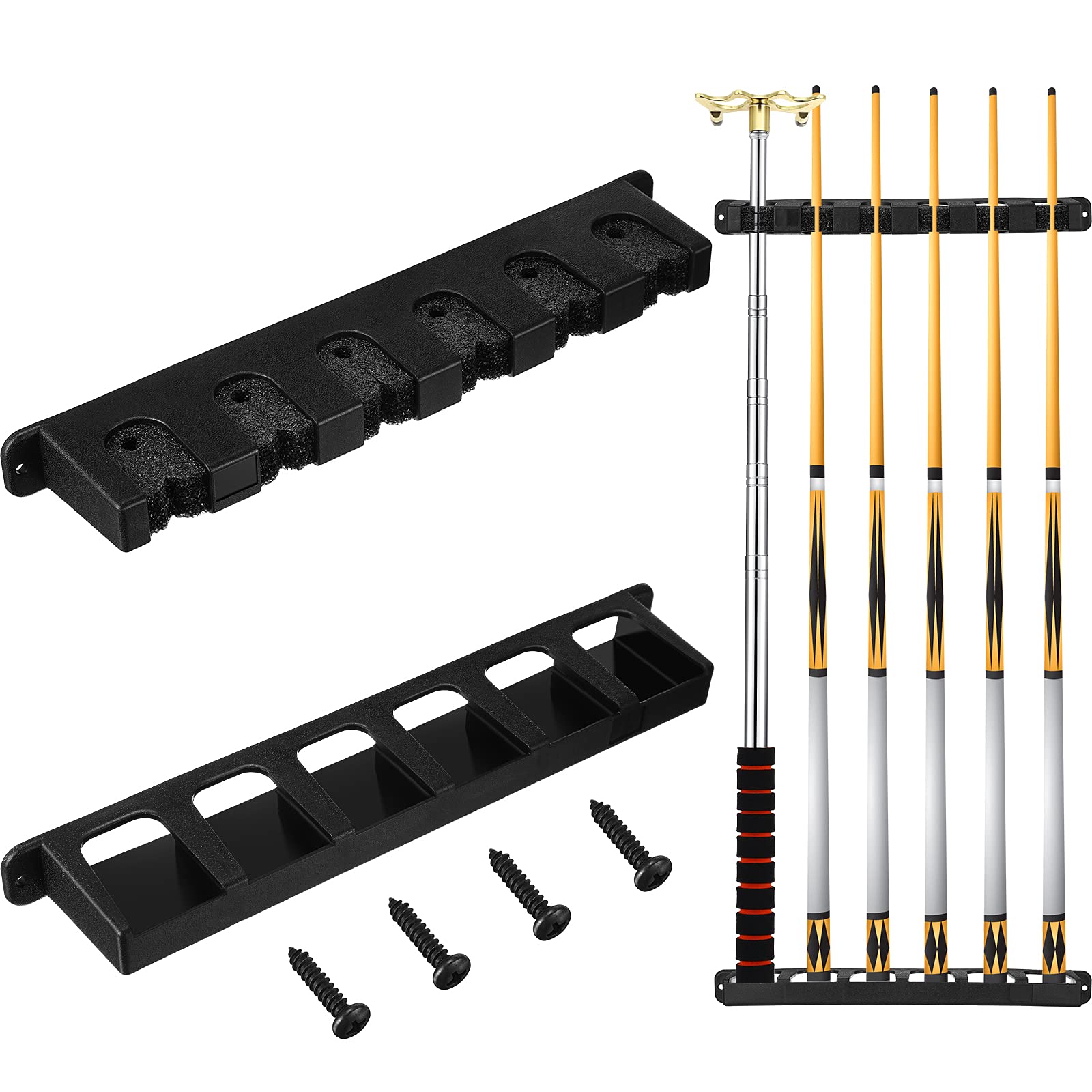 Photo 1 of Skylety 2 Pieces Pool Stick Holder Pool Cue Rack for 6 Cue Wall Mounted Table Stick, Balls Billiard Table Accessories for Game Room Bars Clubs Billiard Players