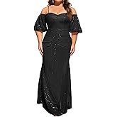 Women's Plus Size Off The Shoulder Puff Sleeve Dress Sequin Formal Maxi Evening Cocktail Party Gowns