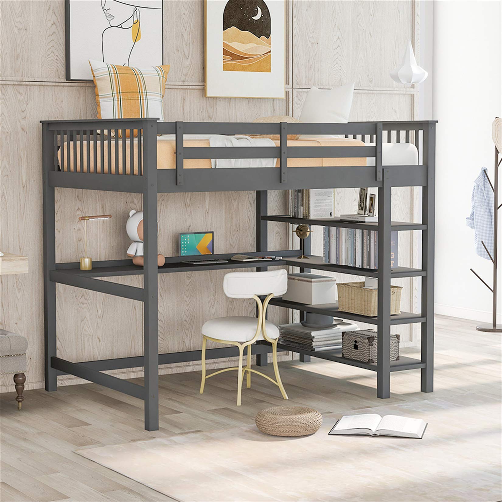 Buy Full Loft Beds, Wood Loft Bed with Desk and Shelves, Wooden Full High Loft Bed with Bookcase