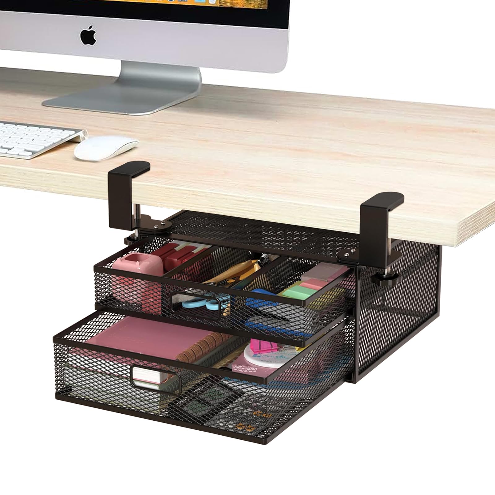 Sonhomay Under Desk Drawer Organizer Clamp-On No Drill Mesh 2 Slide Out Drawer Table Drawer Clamp Storage Basket for Home Essentials Office Art Supply Storage Trays Fits 0. 2-1. 8 Thick Desk
