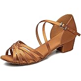 TUOTOM Girls Latin Dance Shoes Tan Low Heel Kids Ballroom Practice Salsa Tango Cha Cha Dance Shoes