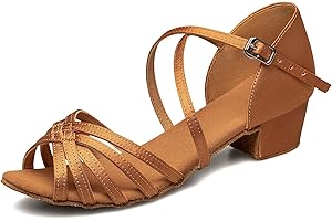 TUOTOM Girls Latin Dance Shoes Tan Low Heel Kids Ballroom Practice Salsa Tango Cha Cha Dance Shoes