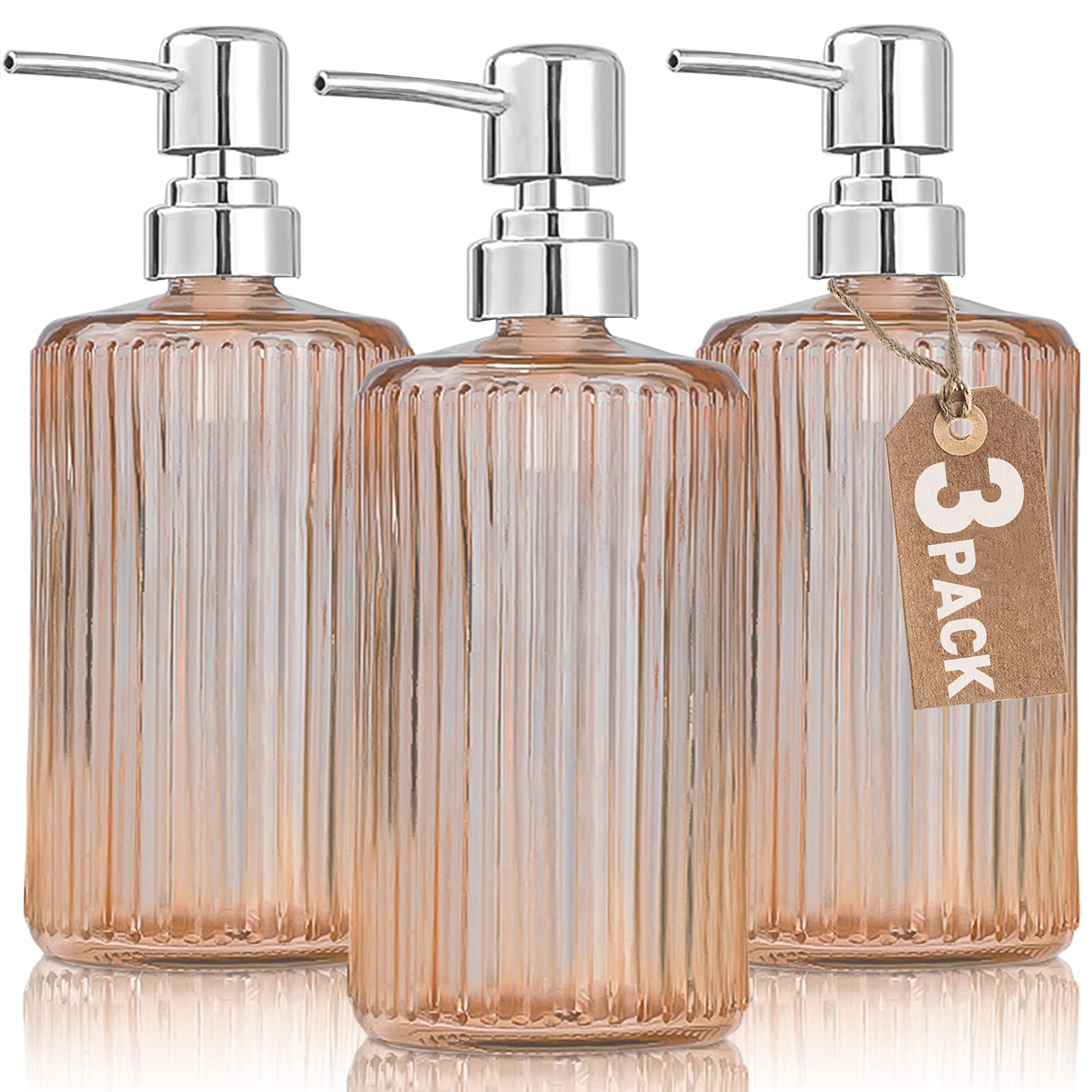 17 Oz Glass Soap Dispenser, Glass Hand Soap Dispenser with Rust Proof Stainless Steel Pump, Lotion Liquid Soap Dispenser for Kitchen, Bathroom (Amber, 3 Pack)