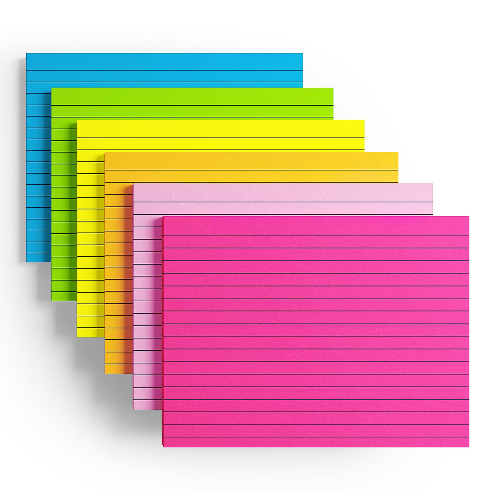 6 X 8 Inches Extra-Large Lined Sticky Giant Pads,A5 Lined Note, Pack of 6 Pads, 30 Sheets/Pad,6 Bright Big Huge Ruled Pads for Office Working School Learning(152 x 203 mm Brilliant 6 Lined Pads)