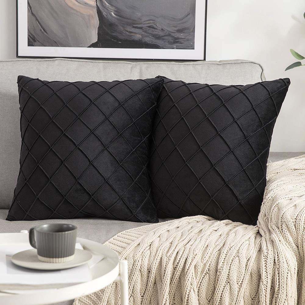 MIULEE Pack of 2 Velvet Cushion Covers Home Decoration with Square Pattern Throw Pillow Covers Super Soft Modern Smooth Washable for Living Room Bedroom Sofa Black 50x50cm 20x20 Inch
