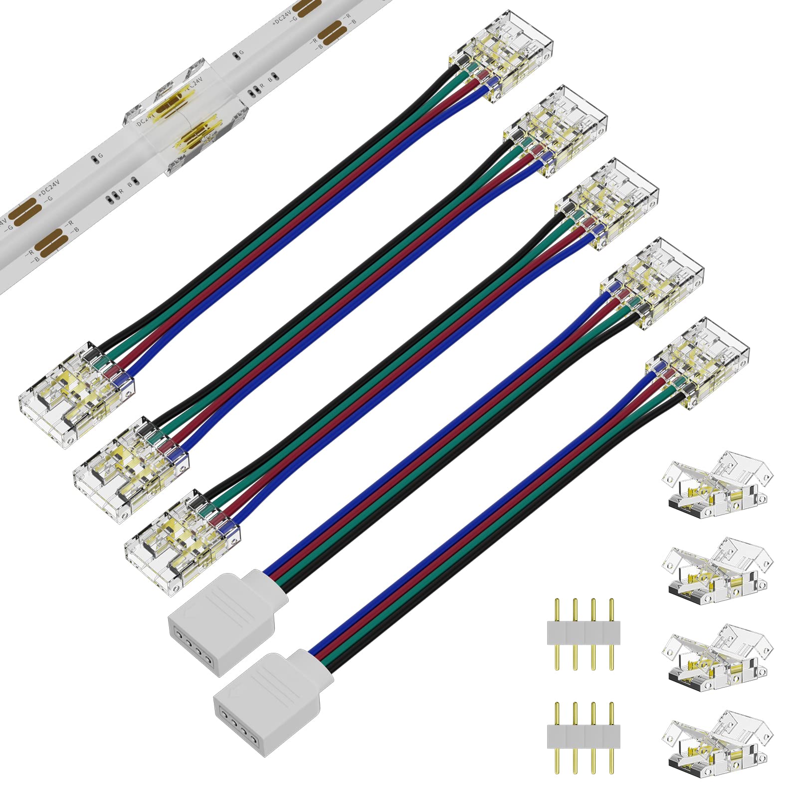 PAUTIX RGB COB LED Strip Connector Set,Included 4-Pin Connector, Transparent Gapless Connectors,Dual Ends Extension Connectors and 4Pin Plug for 10mm Width RGB COB Light Strip(NOT for 5mm/8mm Lights)