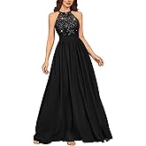 Miusol Women's Sequin Lace Sleeveless Halter Tie Formal Evening Maxi Dress