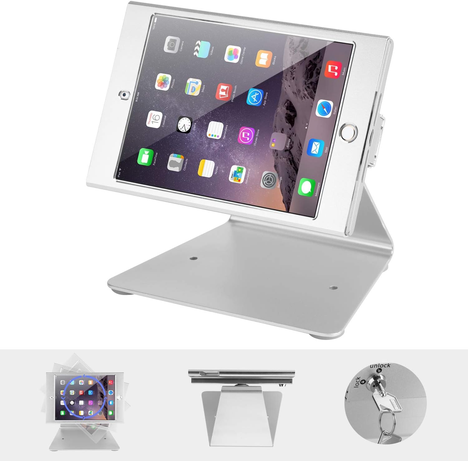 Firstand Tablet Stand Holder Mini Desktop Anti-Theft Security Kiosk & POS Stand Holder Enclosure Lock Key, Compatible iPad Mini 1/2/3/4, 360 Degree Rotating Design