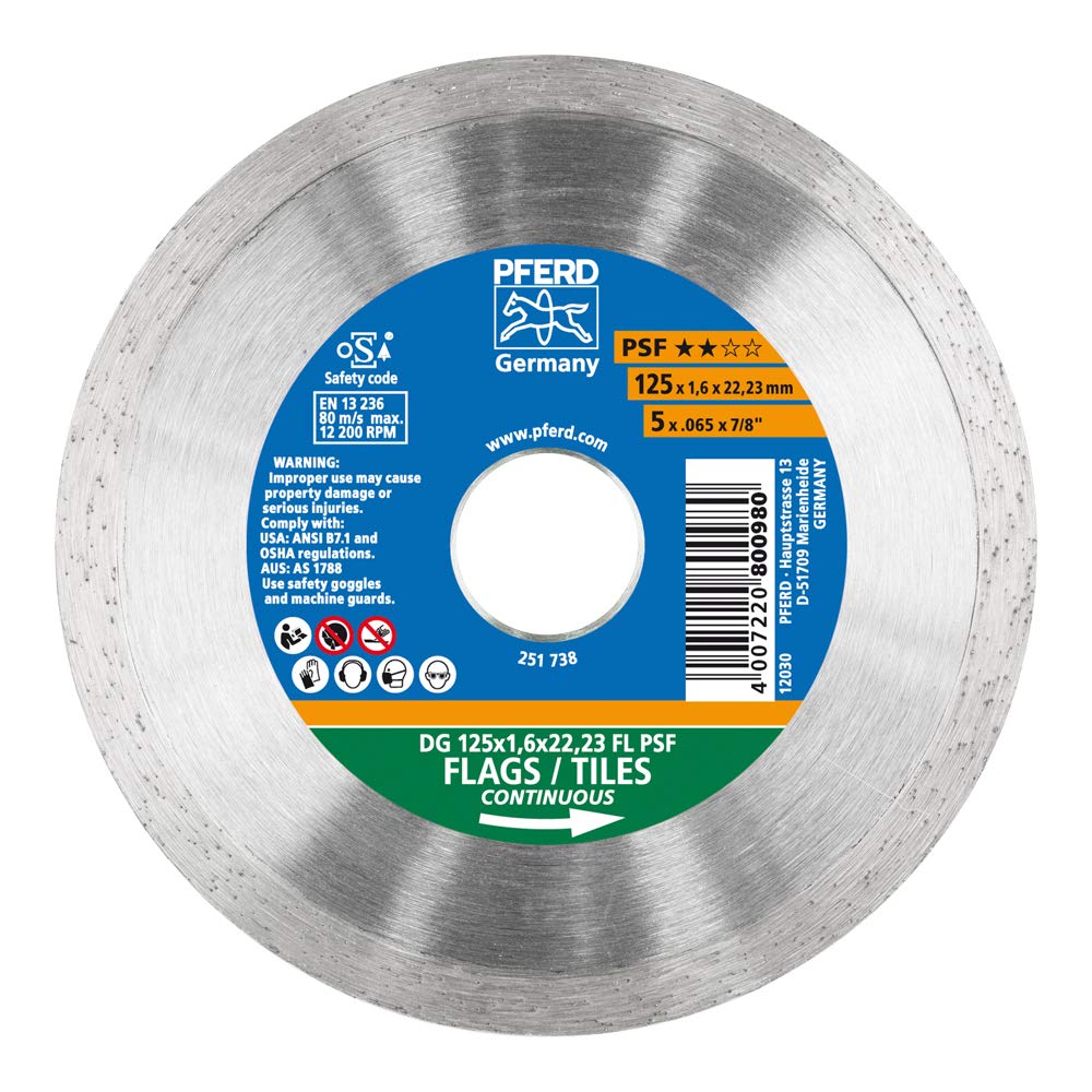 PFERD Diamond Cutting Disc PSF | 125 x 1.6 x 22.23 mm | 68000012 - Closed Edge for Fine Cuts e.g. Tiles and Tiles