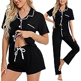SWOMOG Womens 3pcs Button Down Pajamas Set Short Sleeve Sleepwear Bride Pj Lounge Set with Long Pants