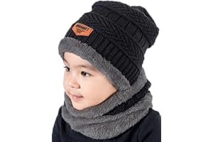 T WILKER 2Pcs Kids Winter Knitted Hats+Scarf Set Warm Fleece Lining Cap for 5-14 Year Old Boys Girls