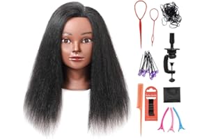 Armmu Mannequin Head with 100% Real Hair, 14" Cosmetology Mannequin Manikin Training Practice Doll Head for Hairdresser Braiding Hair Styling Hairdressing and Clamp Holder- Black